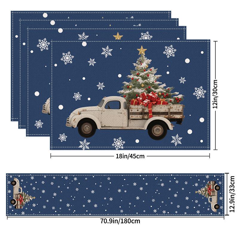 5Pcs Christmas Buffalo Plaid Placemats And Table Runner Set Cute Snowman Print Heat Resistant For Christmas Decoration