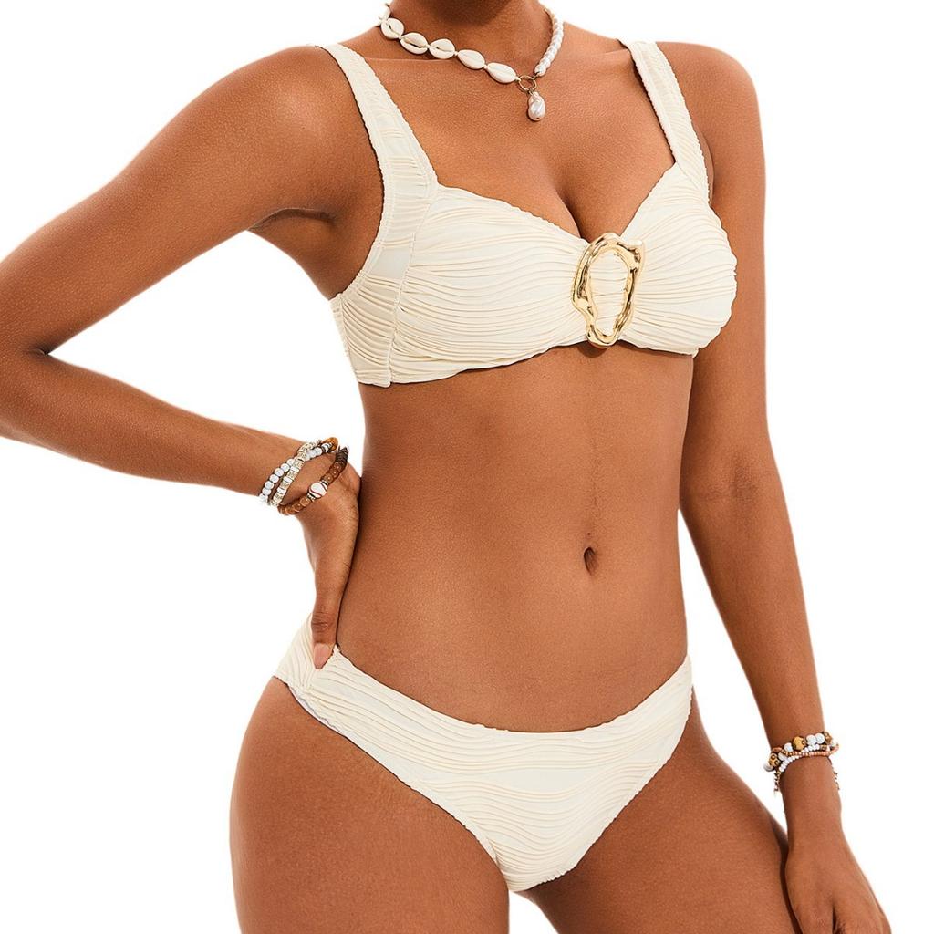 Women's Swimsuit Sexy White Metal Buckles Pleated Low Waist Swimsuit Two-Piece Bikini Set Beachwear Bathing Suits