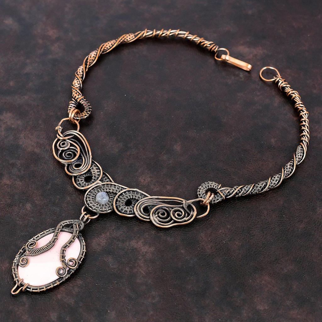 Pink Opal Necklace Copper Wire Wrapped Gemstone Necklace Rainbow Moonstone Necklace Handmade Necklace Copper Wire Jewelry Anniversary Gifts