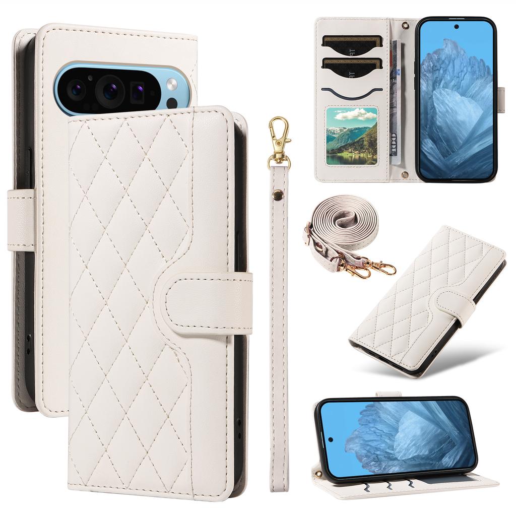 For Google Pixel 10 Pro/10/9 Pro/9 Case Wallet Rhombus Leather Phone Cover with Shoulder Strap,Wrist Strap
