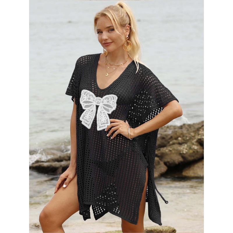 Plus Size Women's Lace Butterfly Splicing Woven Hollowed Out Beach Bikini Smock Dress