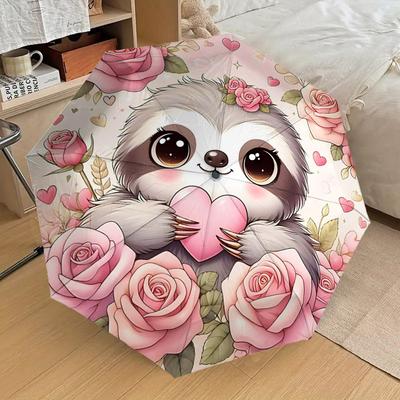1pc Sloth Heart Automatic Open/Close Umbrella Compact Folding Umbrella with 8-Rib Shaft for Women/Men, Portable Travel Umbrella,1176S