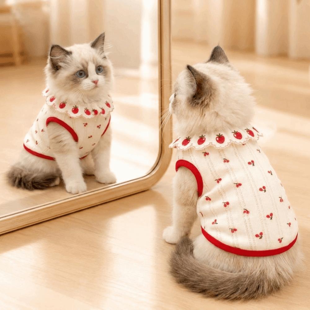 Thin Cat Flower Edge Vest Cherry Pattern Pet Shirt Cute Cat Pullover  Pet Clothing