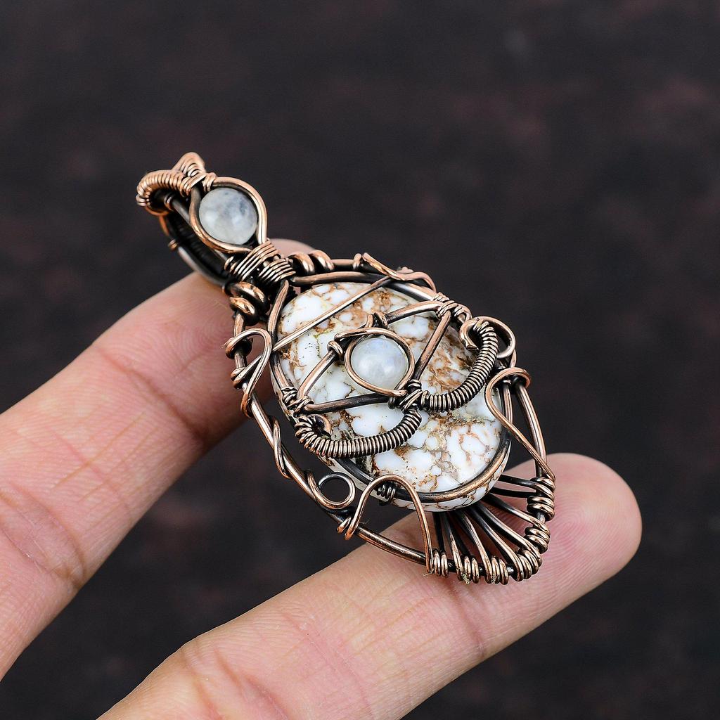 Evil Eye Wild Horse Magnesite Pendant Copper Wire Wrapped Pendant Handmade Rainbow Moonstone Pendant Gemstone Copper Jewelry Gift For Women