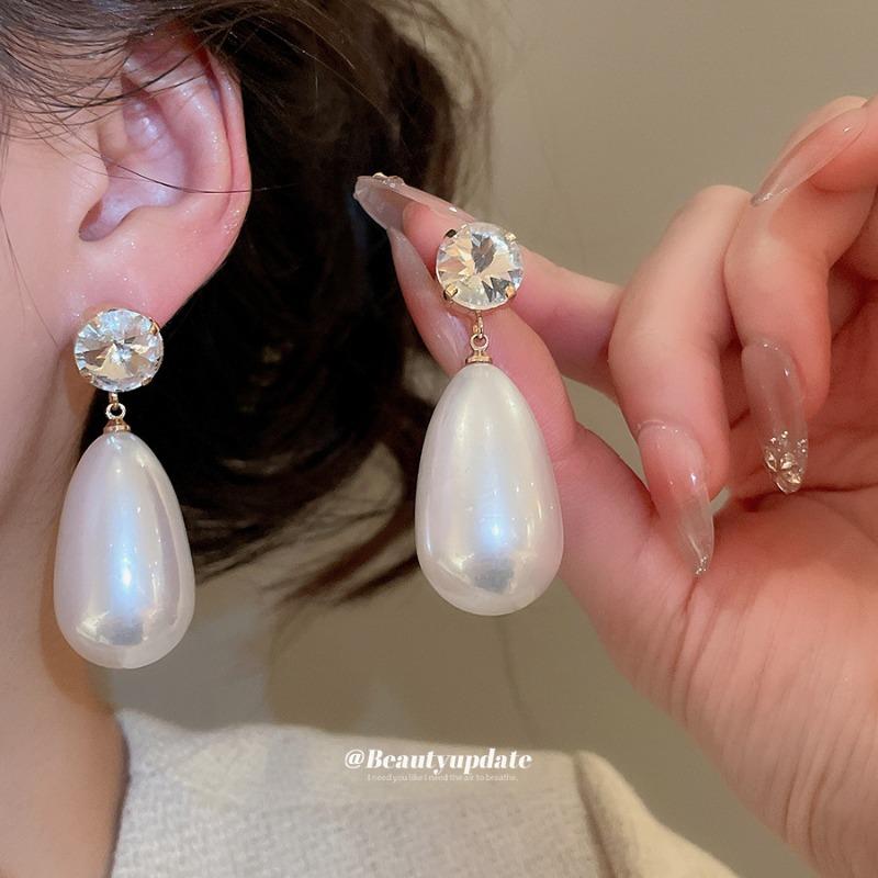Silbernadel Diamant Rund Wassertropfen Perlen Ohrstecker Französisch Retro Elegantes Temperament Vielseitige Ohrringe Leichter Luxus Nischen-Ohrringe