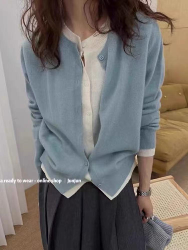Women's French Patchwork Color Block Wool Knit Cardigan - Loose Layering Sweater Coat
