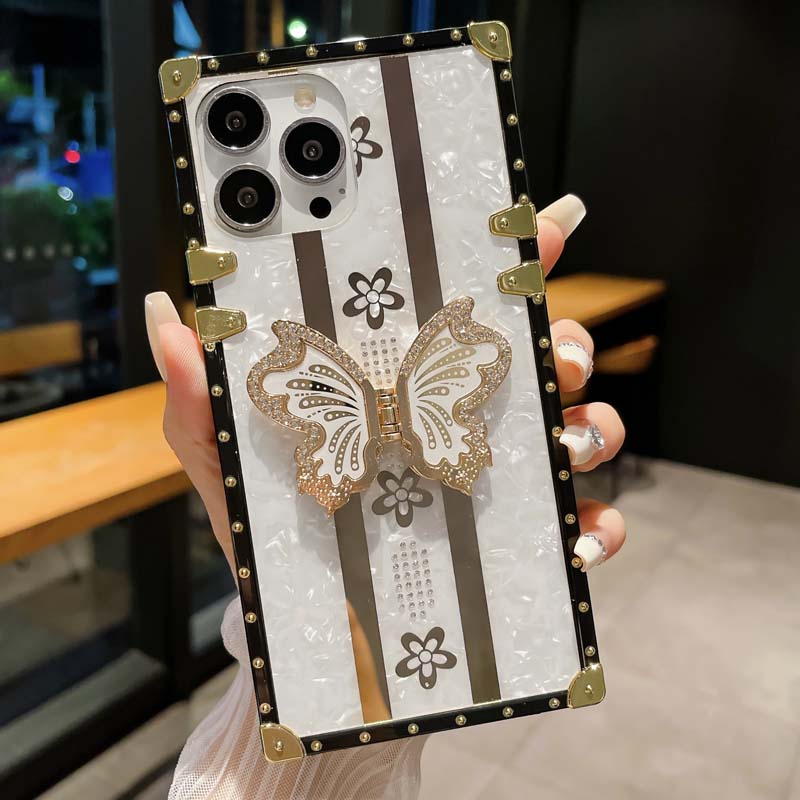 Luxury Diamond Butterfly Stand Holder Shell Pattern Square Type TPU Mobile Phone Cover Case for Samsung Galaxy S21 S22 S23 S24