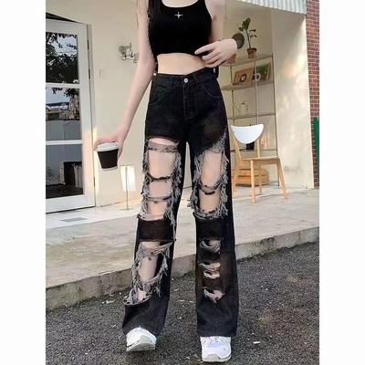 Übergröße Schwarz High Street Ripped Jeans Damen Loose Fit Straight Wide Leg Lange Hosen