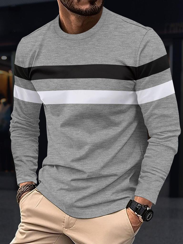 Plus Size Men's Color Block Crew Neck Long Sleeve Base Layer Pullover for Autumn & Winter