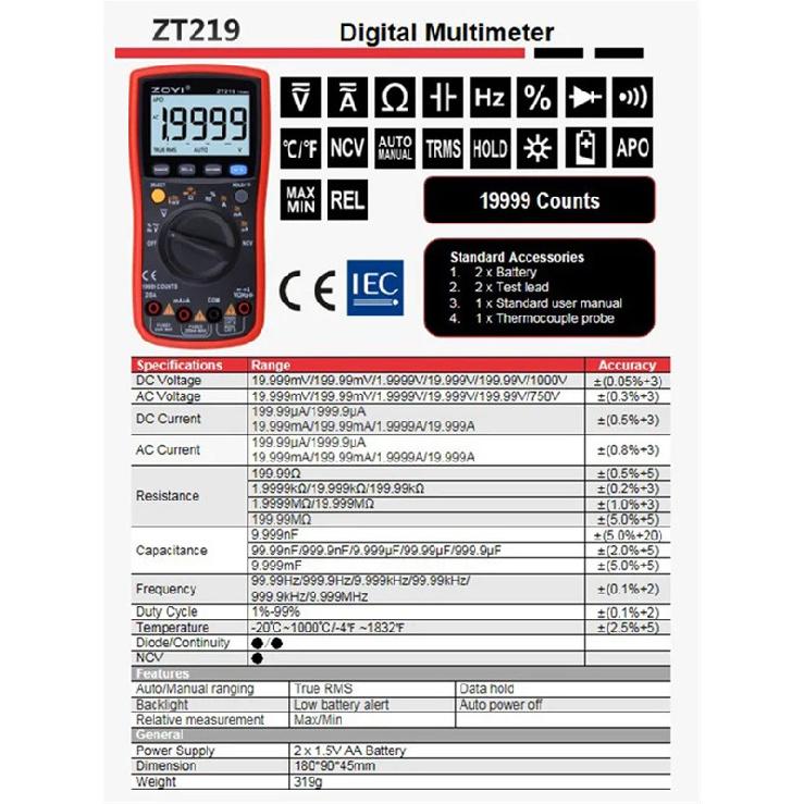 ZOYI ZT219 Digital multimeter 19999 Counts True RMS automotive electrical Transistor Capacitor NCV tester Professional meter