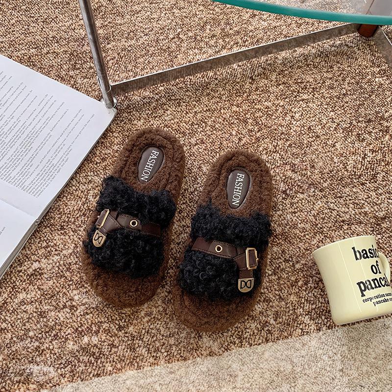 Korean Version 2025 Autumn and Winter New Mao Mao Shoes Curly Hair Outer Wear One-word Slippers Platform Shoes Velvet Cotton Slippers Women