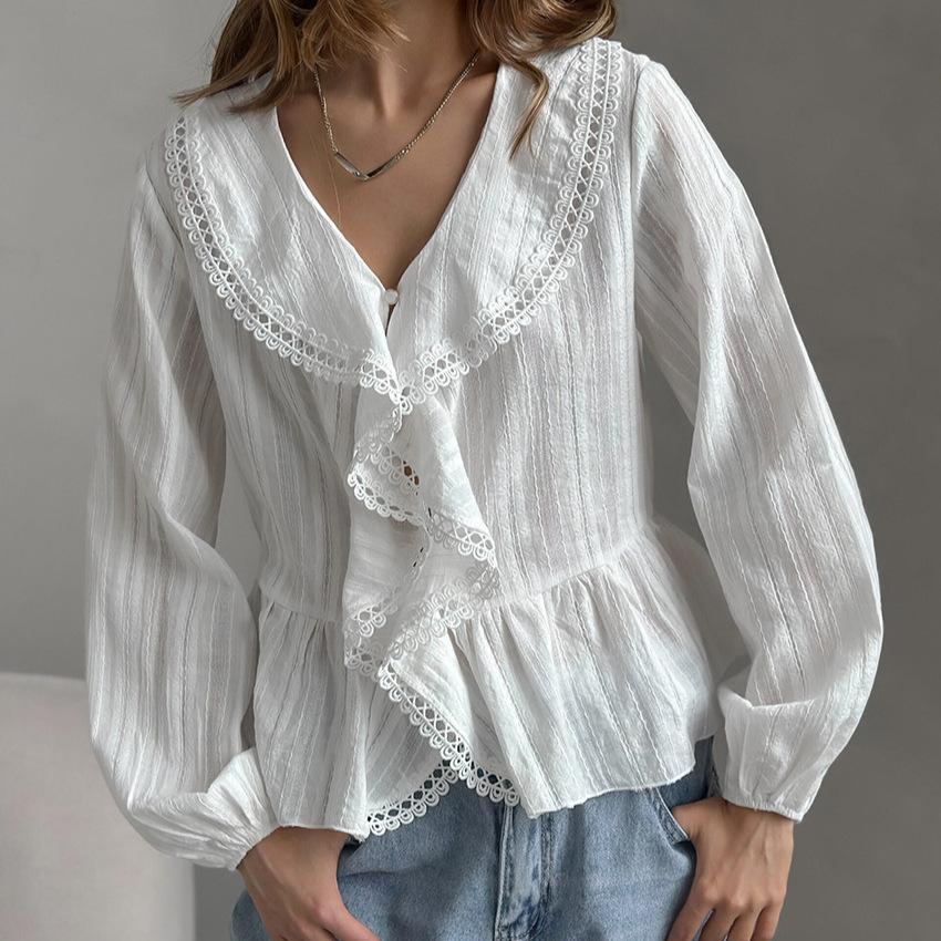 French white jacquard pure cotton ruffle V-neck shirt 1116 European and American summer fashion new wholesale top women