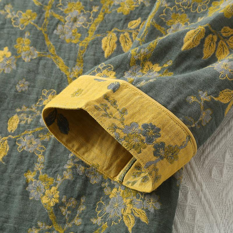 Kinesisk Stil Damepyjamas, Ren Bomuld, Retro Farve, Vævet Jacquard, Hjemmetøj, Langærmet Bukser, Diagonal Krave