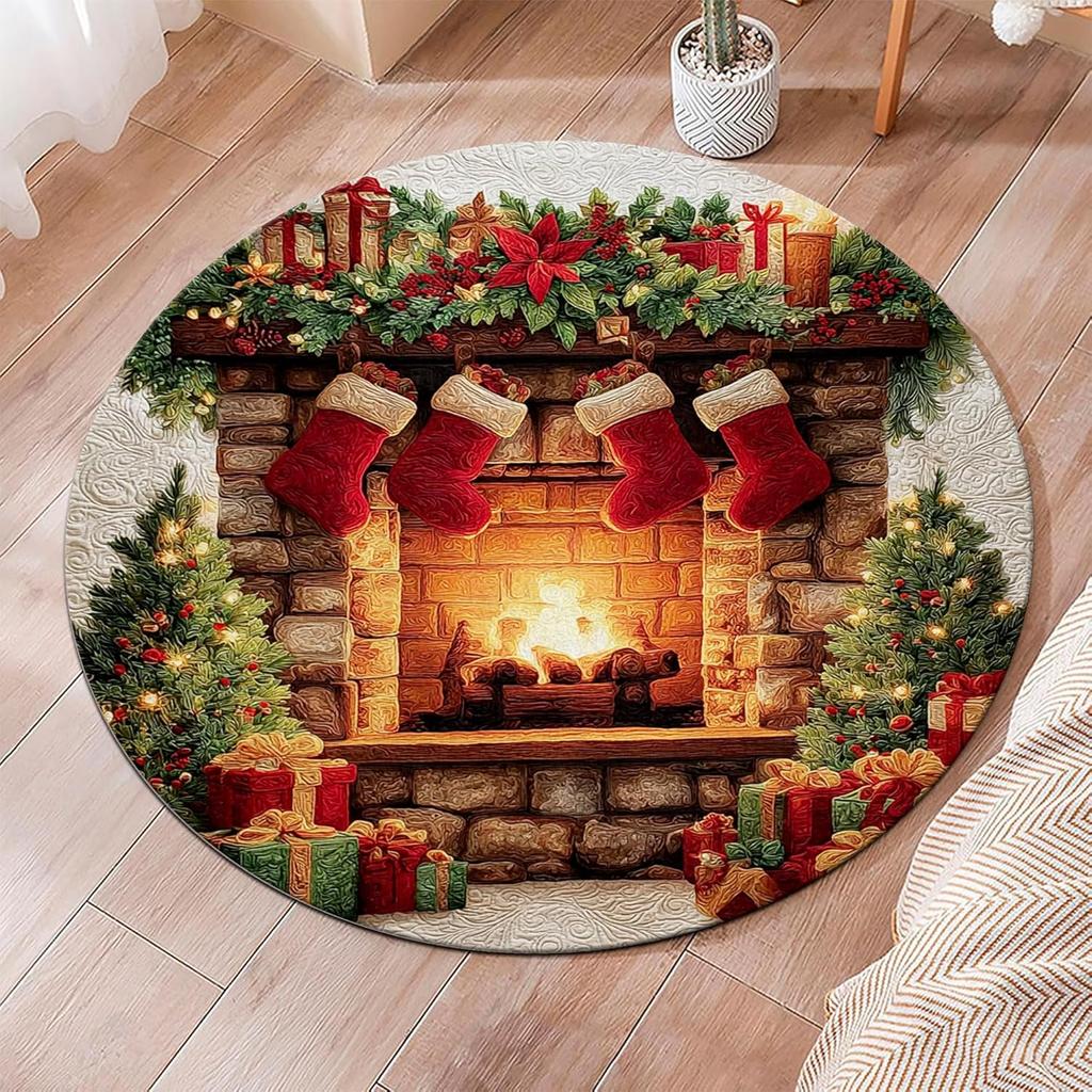 Retro Castle Steam Train Circle Carpet Christmas Gnome Round Area Rug Non Slip Washable Festive Home Bedroom Floor Decor