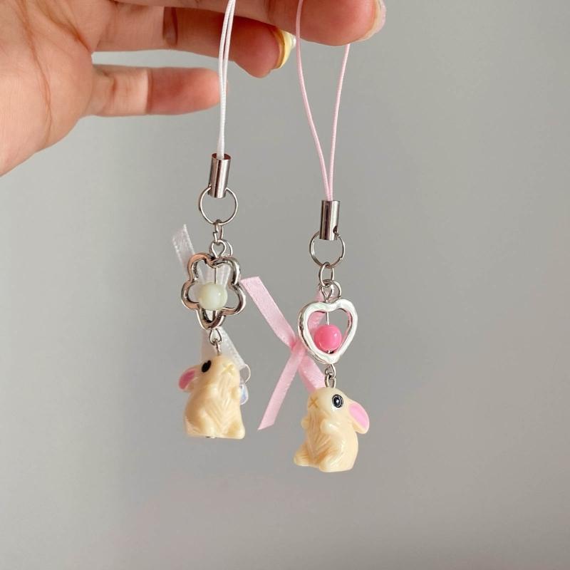Rabbit Ribbon Phone Charm Keychain Elegant Bowknot Flower Pendant Keyring Romantics Keyring Gift for Women Girl Teen