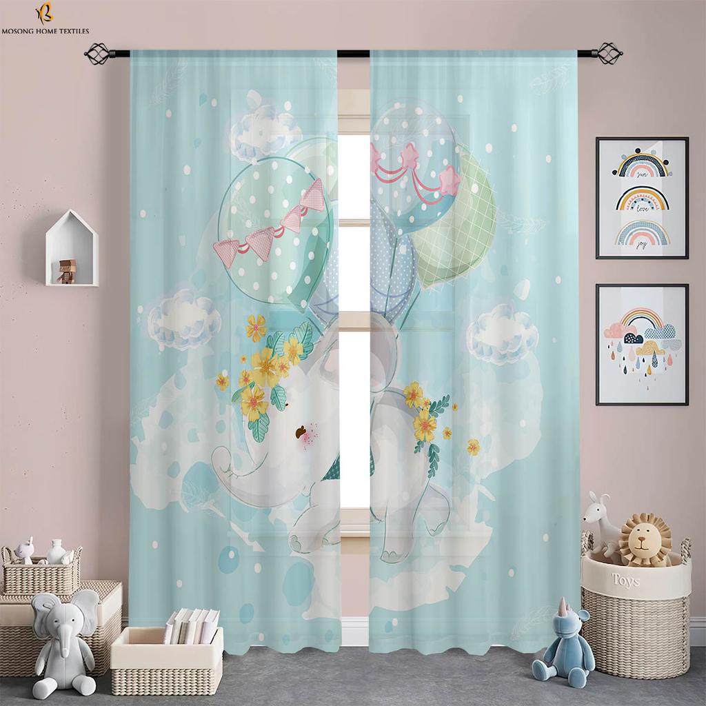 Window Curtains Cute Cartoon Elephant Print Curtains Machine Washable Bedroom Living Room Study Children'S Room Curtains 2 Pcs
