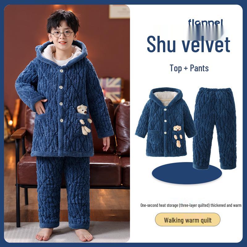 Winter Kids' Flannel Pajamas: Boys & Girls Coral Fleece, Velvet-Lined, Three-Layer Quilted Parent-Child Sleepwear