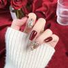 10pcs/set New Year Red Cherry Color Wear Nail Pure Handmade Light Therapy Nail Patch Champagne Diamond Light Luxury Flash False Nails