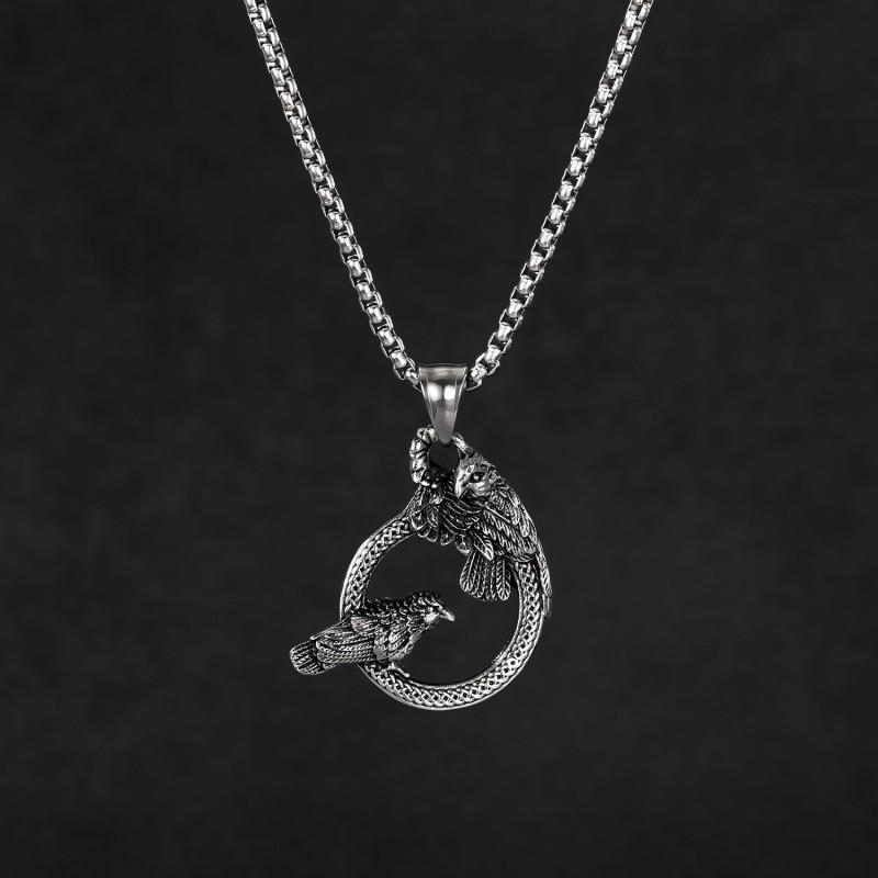 Vintage Necklace Men's Stainless Steel Hollow Ring Double Crow Hip-hop Punk Style Titanium