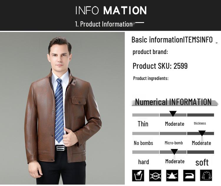 Brand Versatile Men's Stand Collar Leather Jacket, 2025 Spring/Autumn Collection - Cool Motorcycle Style for Mid-Aged and Young Men