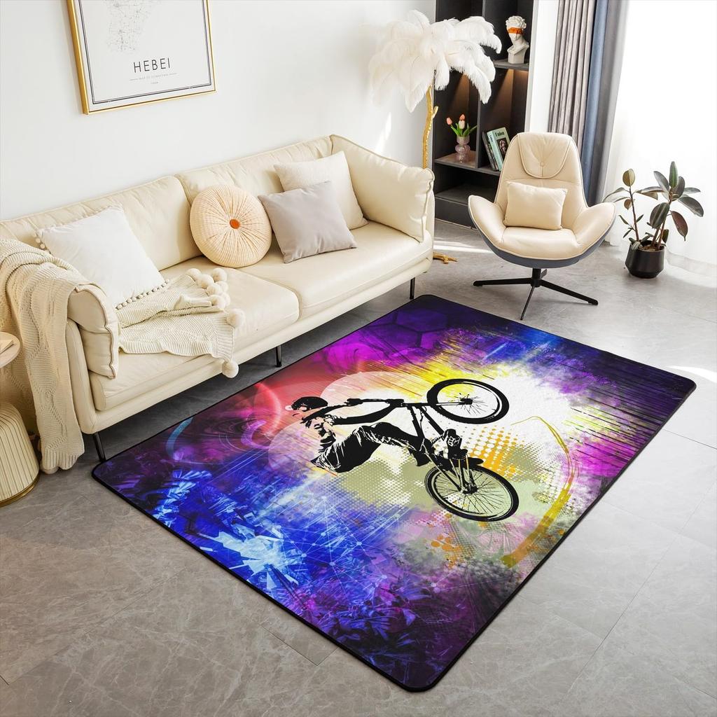 Teen Dirt Bike Area Rug for Living Room Motocross Rider Floor Mat Motorbike Extreme Sport Carpet Snow Mountain Landscape Doormat