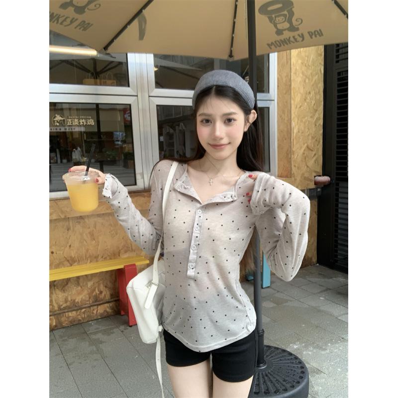 Spring/Summer Korean Polka Dot Sheer Slim-Fit Long Sleeve T-Shirt for Women