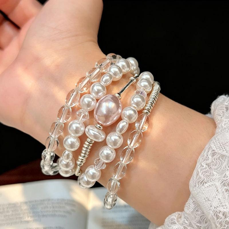 Cool mist powder pearl broken silver stacked bracelet light luxury high sense fashion exquisite versatile three-circle bracelet