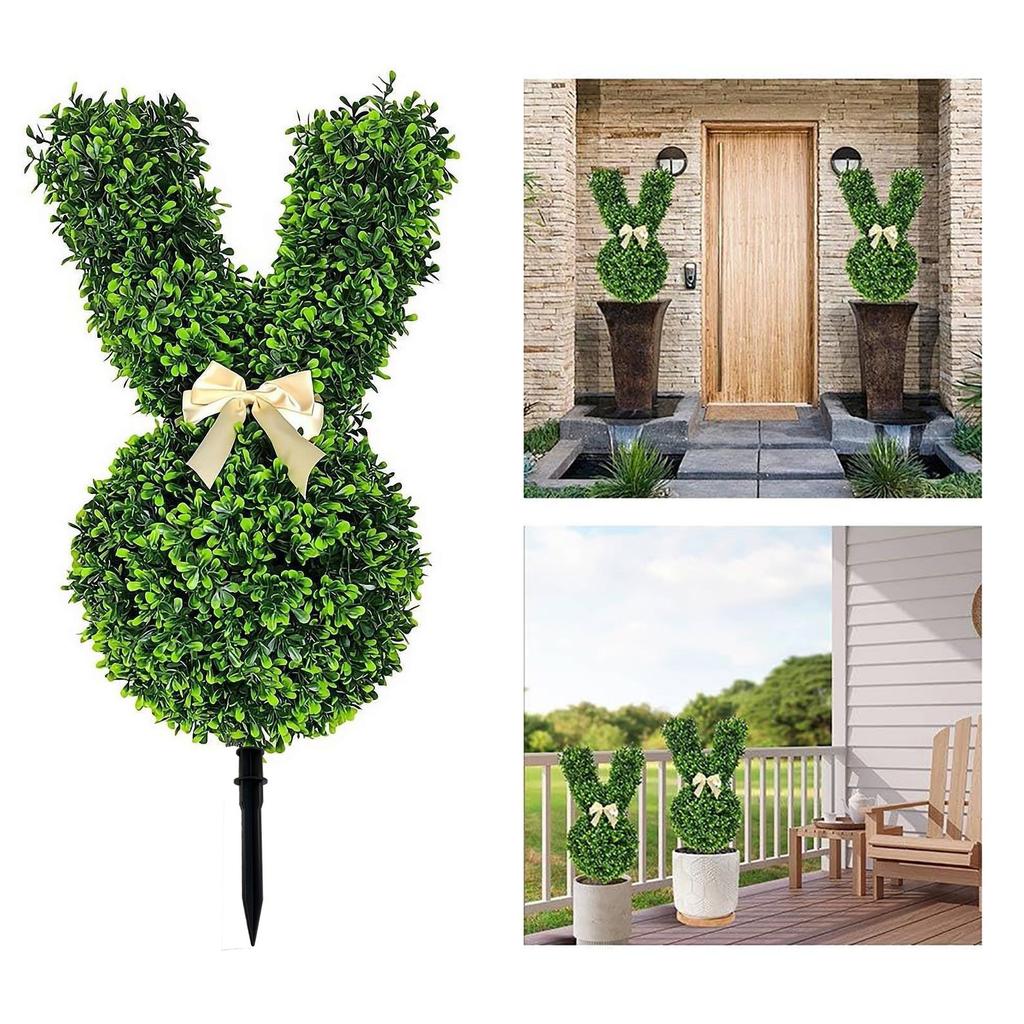 Coniglio Topiario Artificiale Paletto da Giardino Verdeggiante Realistico con Fiocco Decorativo per Decorazioni da Interno ed Esterno