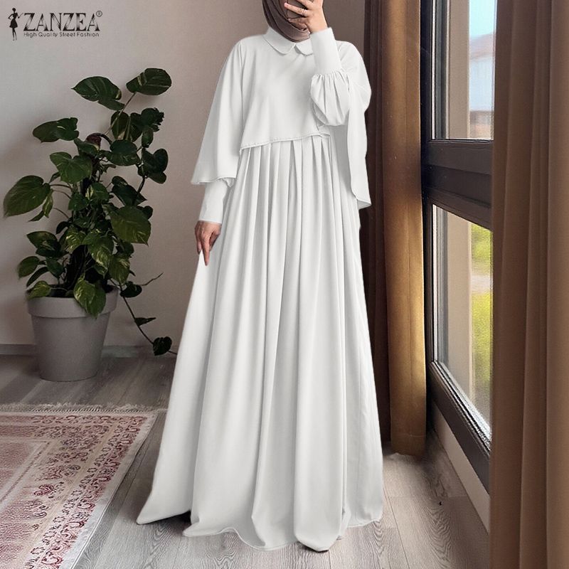 ZANZEA Women Muslim Casual Round Neck Solid Color Long Sleeve Loose Dress