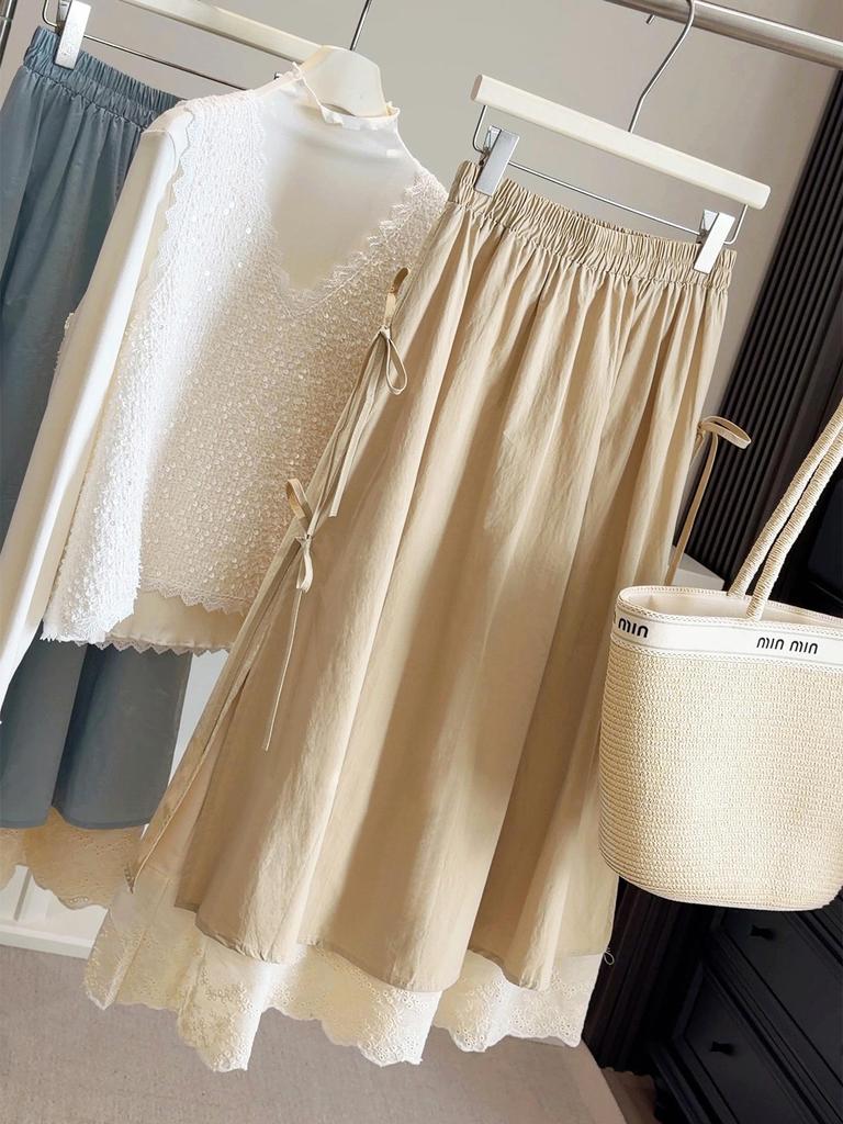 Spring 2026 Women's A-Line Skirt: Elegant Double-Layered Lace Trim Bow High-Waisted Mid-Length Design