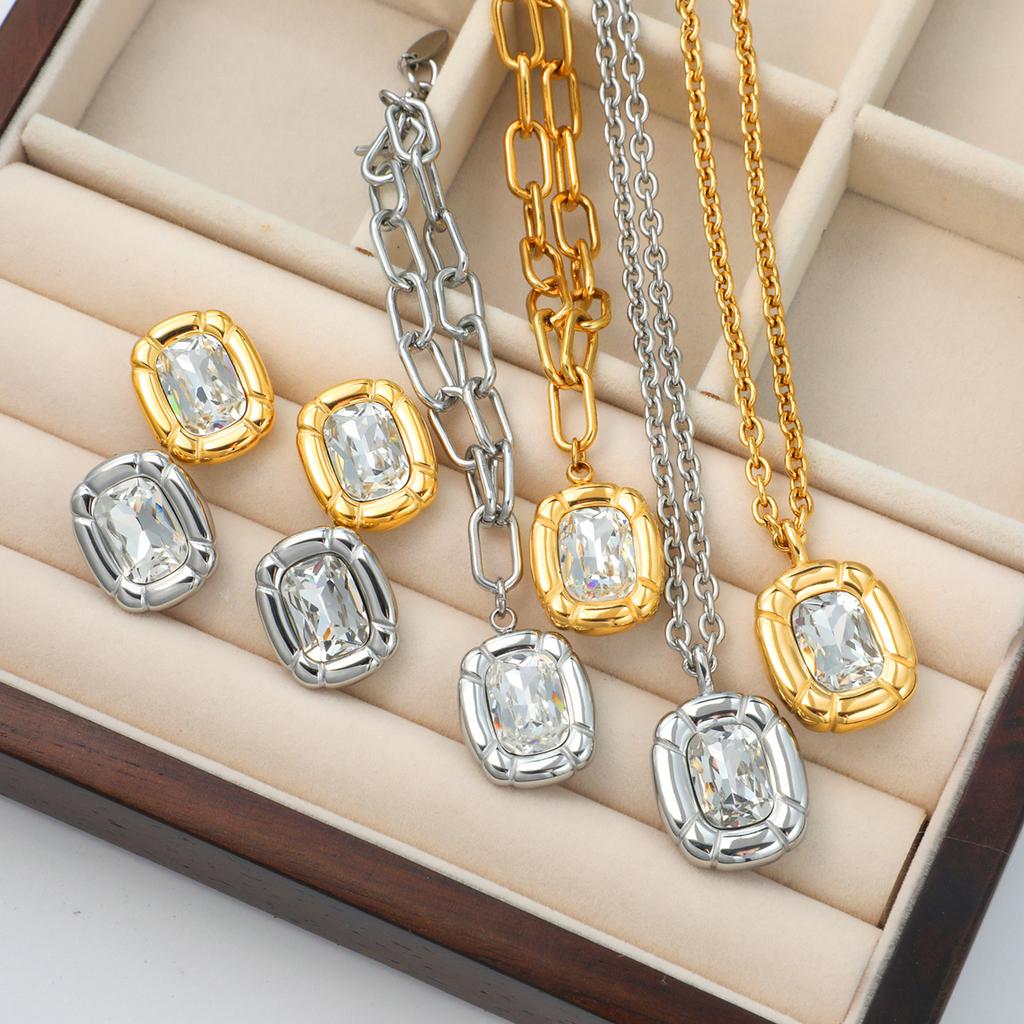 Keen-on Necklace Earring Set Cubic Zirconia Square Pendant Fashionable Personalized PVD Plating Selected Zircon Wholesale New