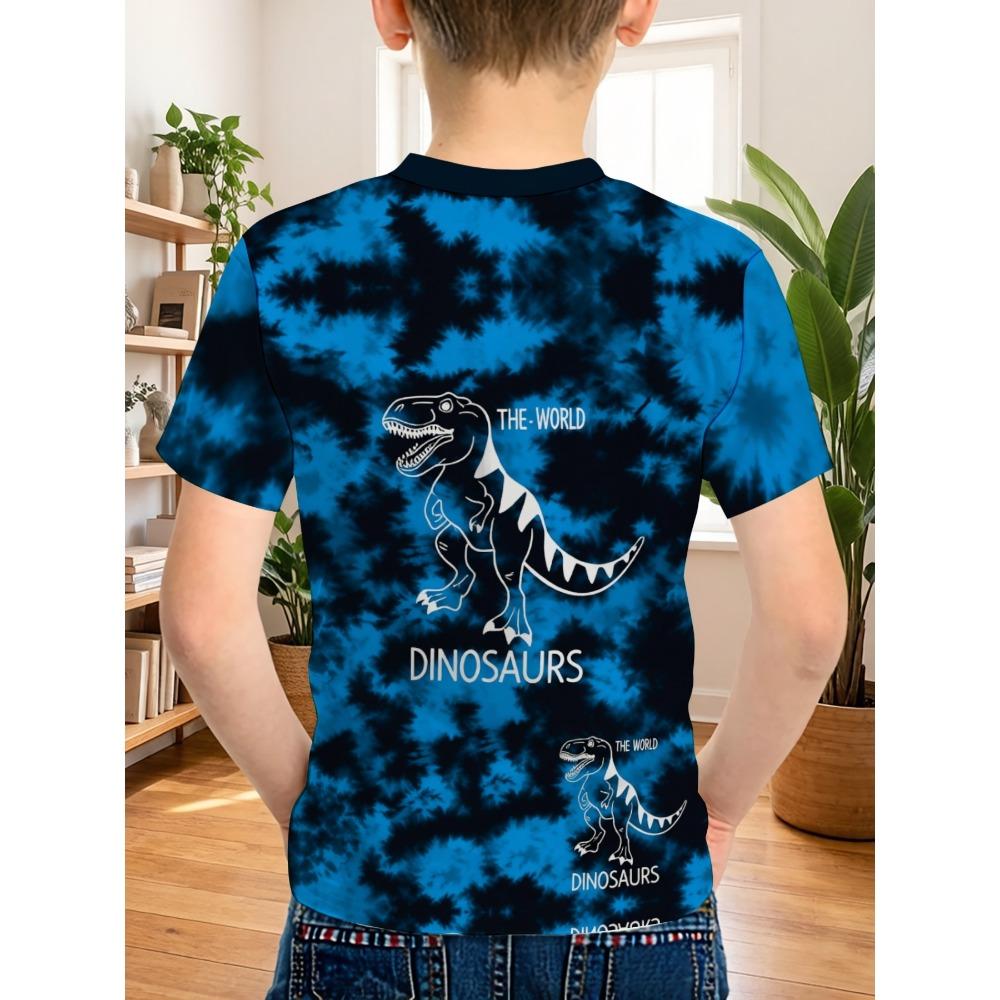 Boys outdoor casual sports round neck short-sleeved T-shirt, tie-dye dinosaur pattern printed T-shirt