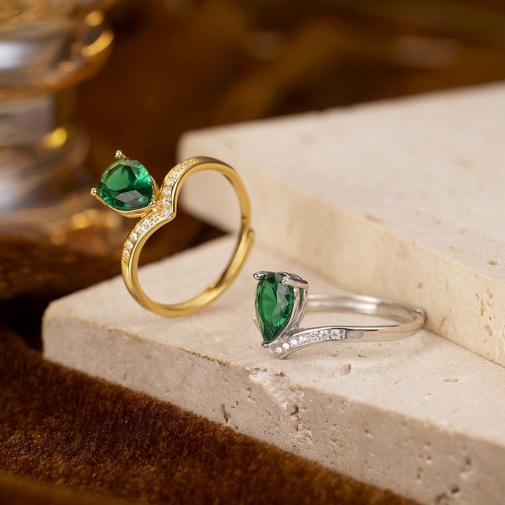 S925 silver crown ring women's V-shaped zircon live adjustable ring literary and retro jewelry green diamond jewelry