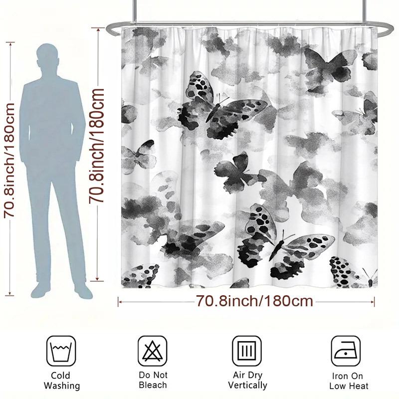 Delicate Butterflies Watercolor Shower Curtain - Soft Black & White, Abstract Dreamy Background, Polyester