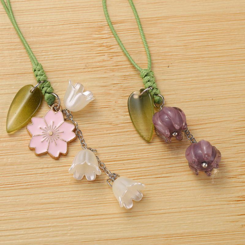 Sweet Cute Tulip Flower Lanyard Mobile Phone Case Keychain Car Key Chains Women Handbag Valley Lily Cherry Blossom Hang Pendant