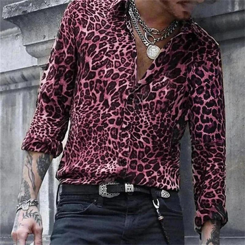Mens Fashion Leopard 3d Print Casual Breathable Long Sleeve Shirt