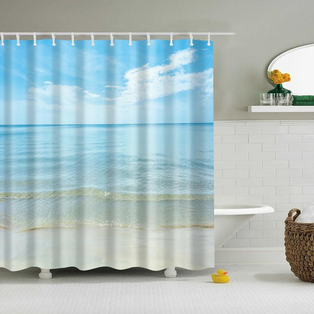 Blue Sky Beach Shower Curtain Modern Scenery Print Bathroom 3D Blackout Curtain Large 180x200cm for Bathroom