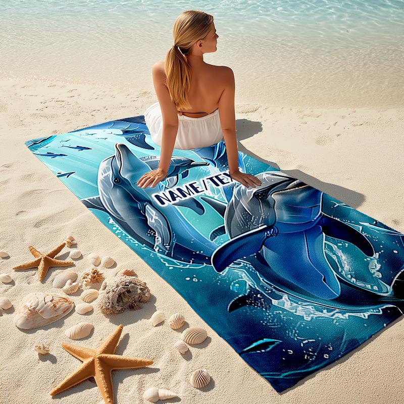 1PC Custom Name Ocean Dolphins Adventure Beach Towel Highly Absorbent And Sand-Resistant Towel for Swimming, Pool, Yoga, And Travel Lightweight