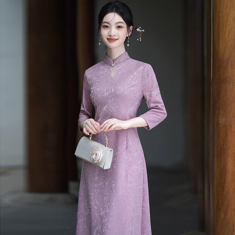 Purple Mother Dress National Style New Chinese Autumn Long-sleeved Cheongsam Improved Young Women's High-end Dress Spring and Autumn