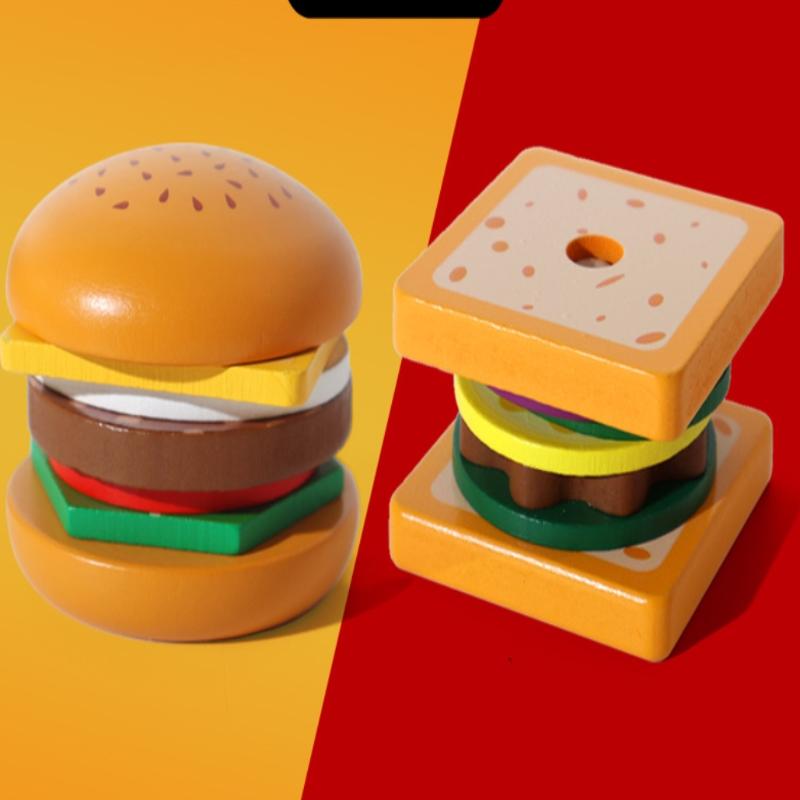 Wooden Sandwich Burger Sorting Stacking Toys Simulated Kitchen Toys Kids Preschool Education Toy