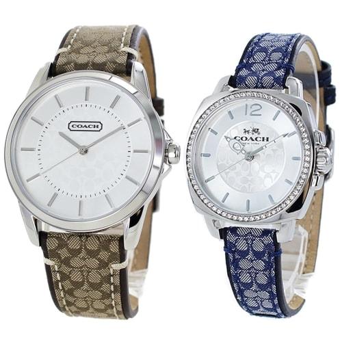 

Coach Pair Watches with Storage Box, Signature Design, Brown Beige/Blue Leather Strap, Men s and Women s, 1460150614502417