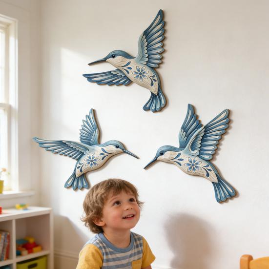 Wood Hummingbird Wall Art Vintage Flying Blue Bird Sculpture Rustic Wall Hanging Decoration for Home Bedroom Living Room Decor