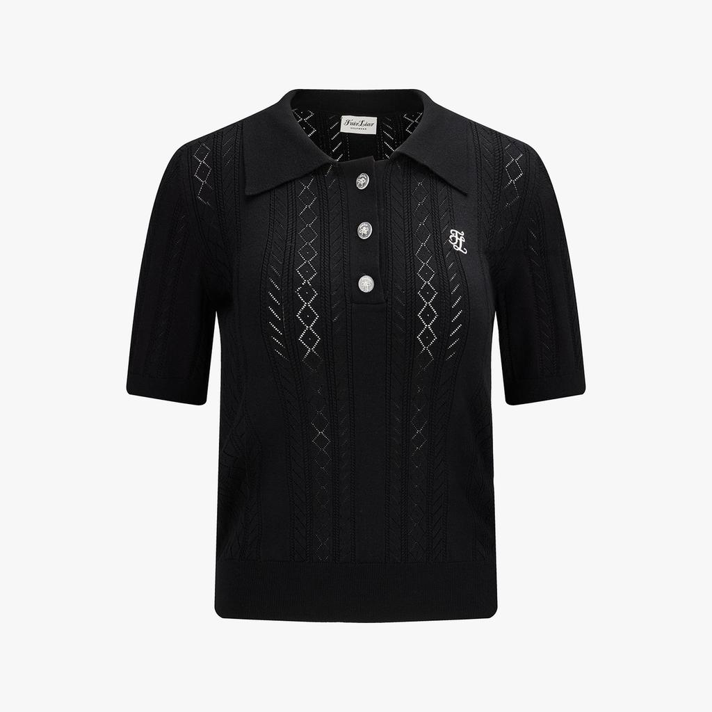 FAIRLIAR GOLF Scallop Ribbon Button Short Sleeve Knit (Black)