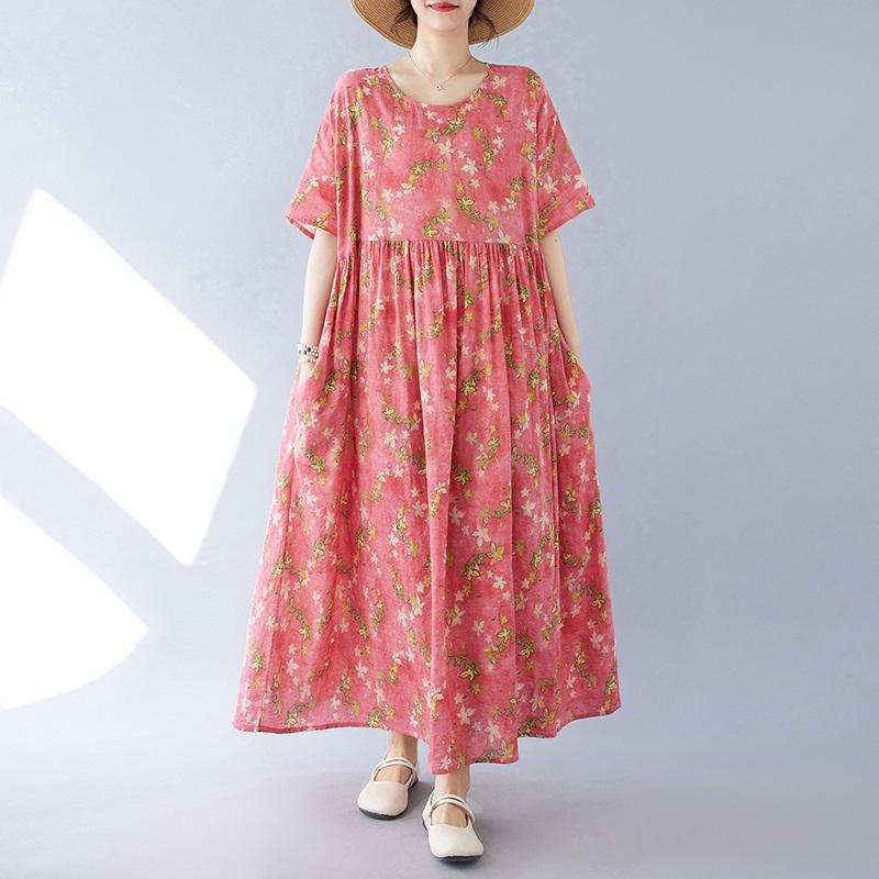 Krátký rukáv Velké bavlněné vintage květinové nové šaty pro ženy ležérní volné dlouhé letní šaty