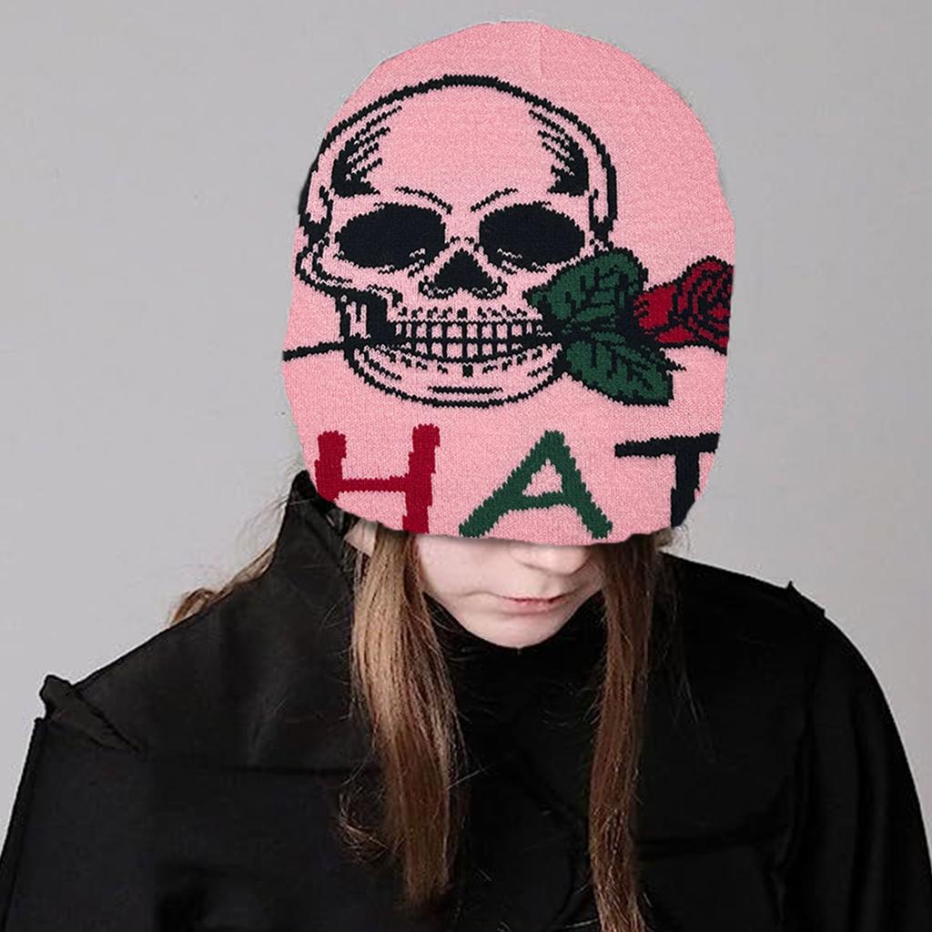 Knit Skull&Rose Beanie Hat for Students Adult Windproof Foldable Winter Hat Handmade Halloween Keep Warm Cycling Hat
