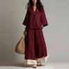 Autumn Women V-Neck Seven Sleeve Fashion Set French Elegant Casual Loose Holiday Wide Leg Pants Outfit Streetwear