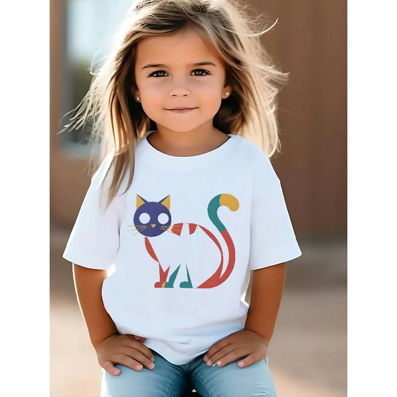 European Sizes Casual and Stylish for Girls, This Cute and Fun Cartoon ABC Kitten Print T-shirt Is a Comfortable and Basic Round Neck Style