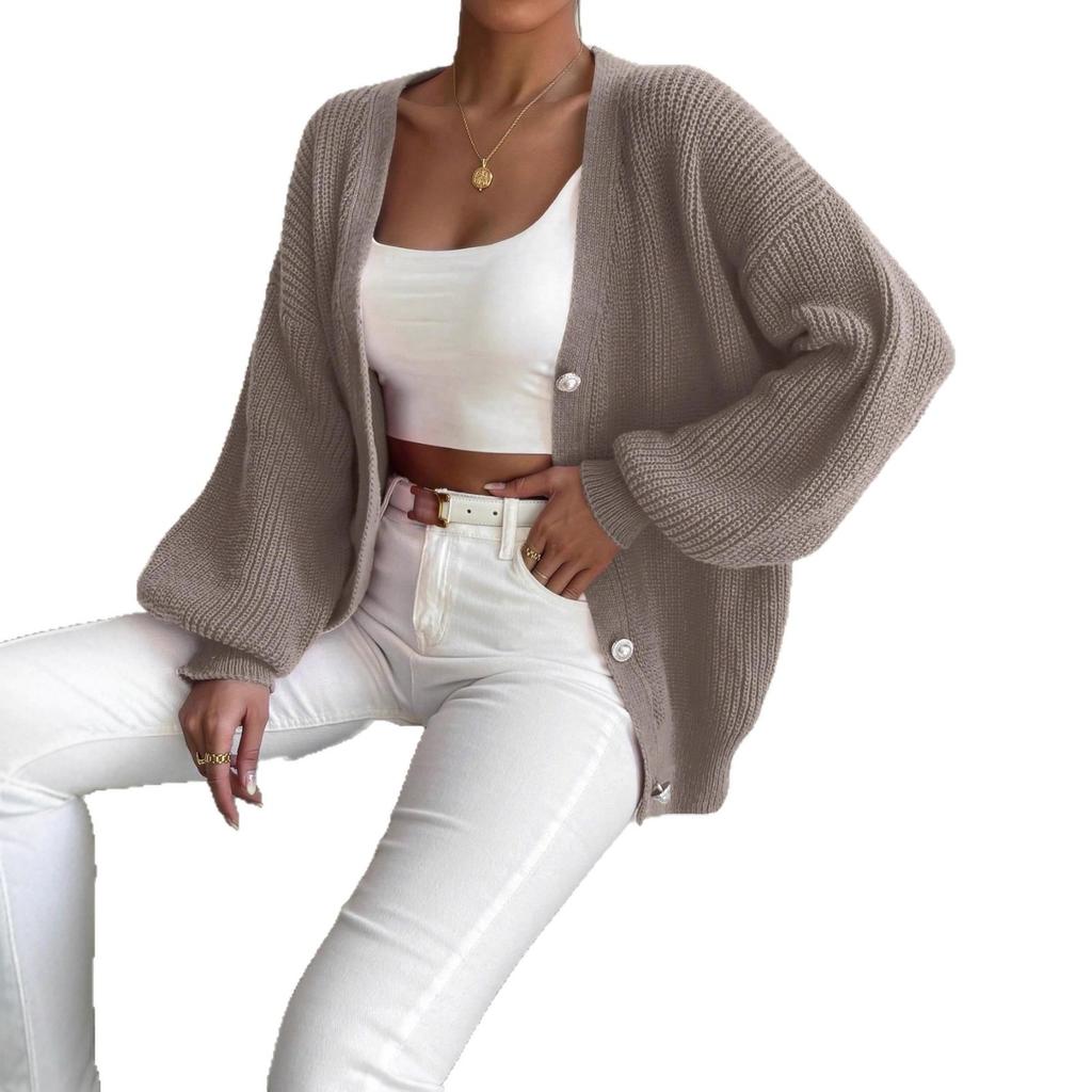 Cross-border Europe, America, Amazon women's clothing is popular, solid color loose large size knitted cardigan, comfortable single-row pearl buckle j