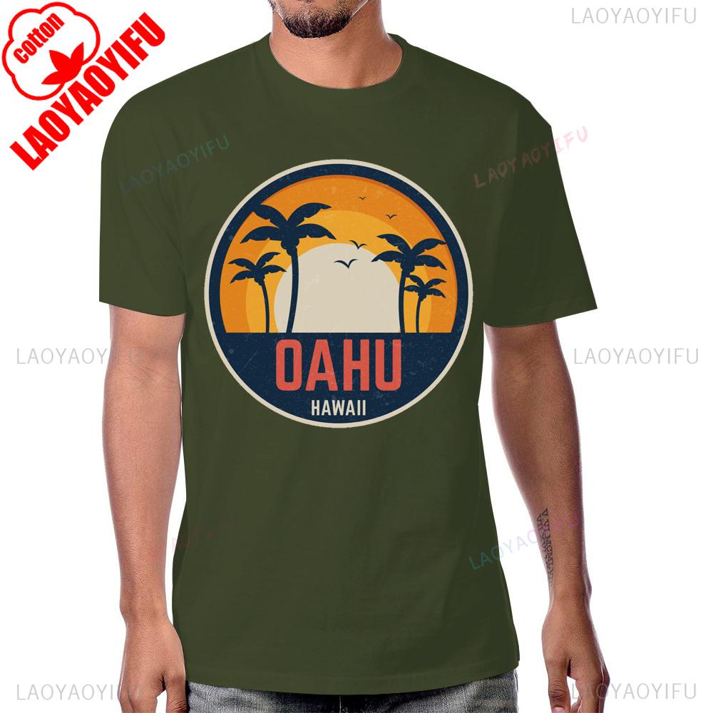 Coconut Tree Beach Sunset OAHU HAWAII Vintage Tshirt Summer Style Short Sleeve Man Tshirt Harajuku Breathe Comfort Cotton Tees