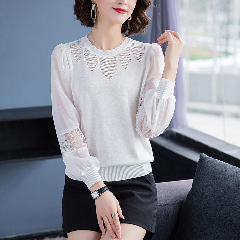 Round Neck Patchwork Yarn Sleeve Hollow Knit Sweater Top Long Sleeved Sweater Women's Base Sweater